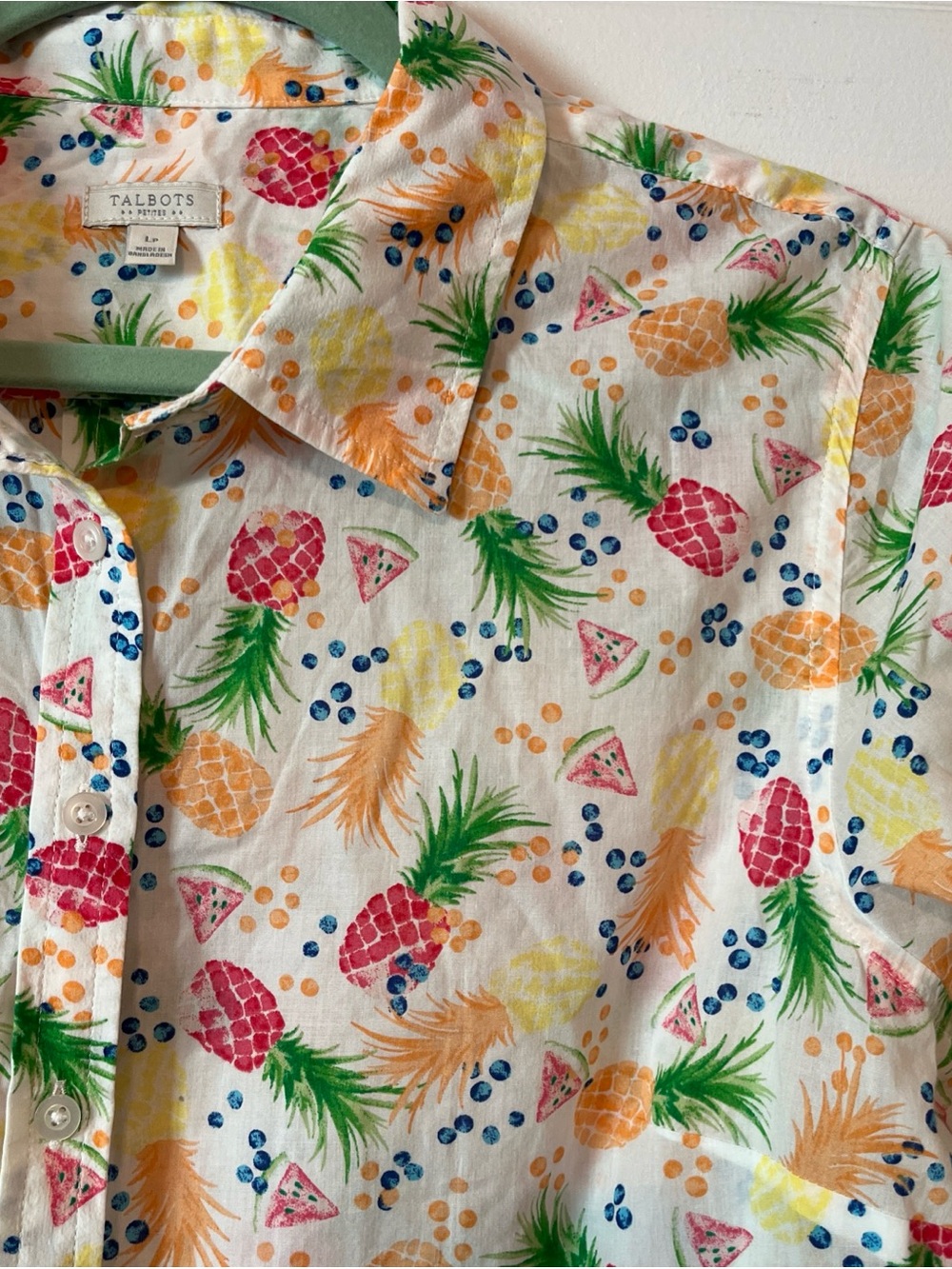 Talbots 100% Cotton Tropical Pineapple Fruit Button Up Shirt Women’s Petite L